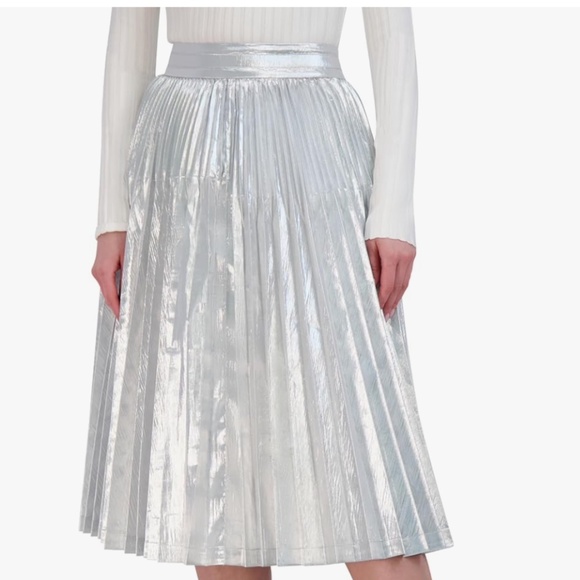 BCBGMAXAZRIA Silver Metallic Lame Pleated a Line Midi Skirt NWT - Picture 5 of 6